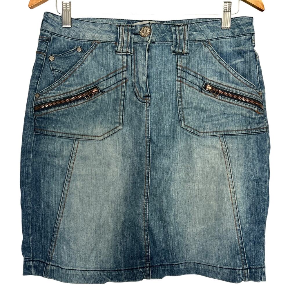 Blue Epic Y2K Denim Mini Skirt Size 6 Cargo Zip Pocket Distressed Wash